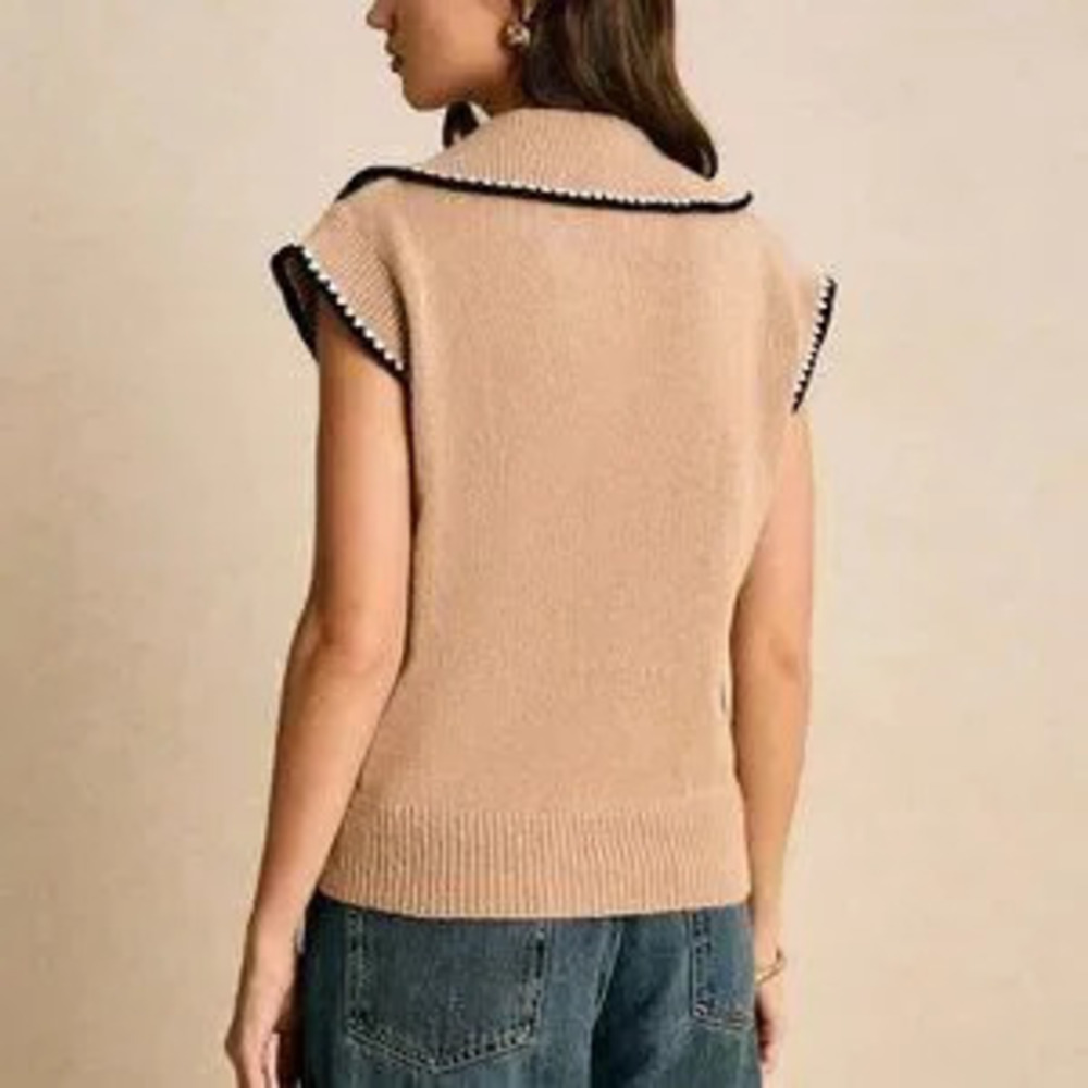 Apricot Casual Women's Floral Trim Polo Collar Loose Knit Vest